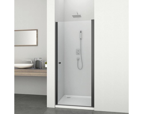 Ușă de duș batantă Sanotechnik Sanoflex 65-67x195 cm, profil negru Cabină de duș cu cadru negru într-o baie