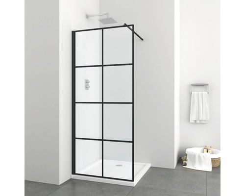 Perete duș tip walk-in Sanotechnik Elite 100x195 cm sticlă transparentă cu serigrafie profil negru