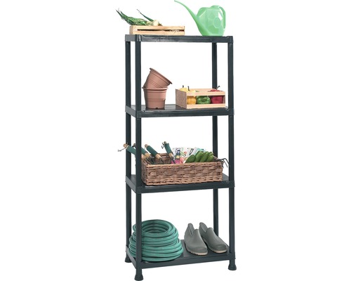 Raft din plastic cu patru niveluri pentru depozitarea uneltelor de grădinărit