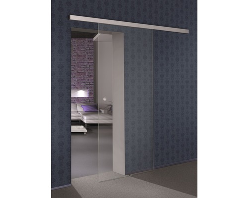 Foaie de ușă de sticlă Pertura Selir transparentă 2043x920x8 mm stânga/dreapta Vedere a camerei cu sistem de uși glisante din sticlă