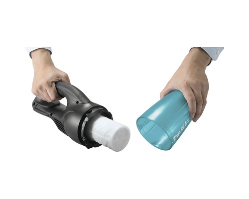 Aspirator Makita cu filtru și recipient de colectare în mână