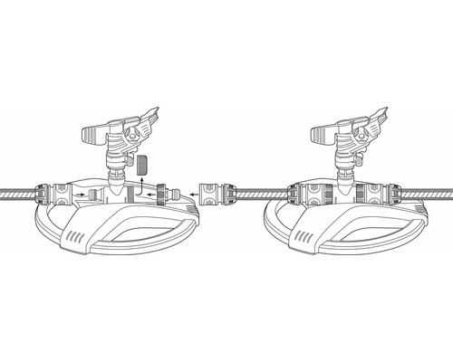 Ilustrație a unei instalații de aspersor de grădină cu racord de furtun