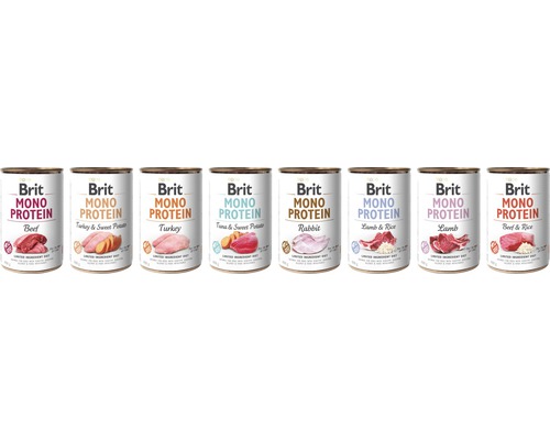 Mai multe conserve de hrană pentru câini Brit Mono Protein cu diferite arome