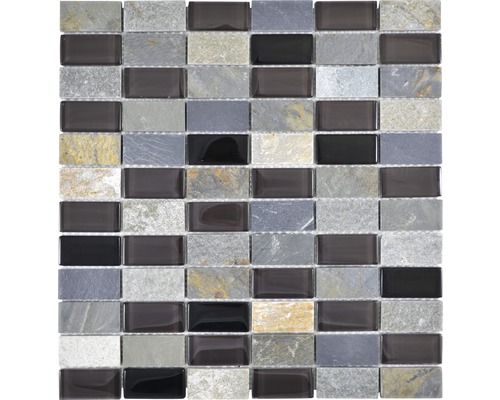 Mozaic sticlă-piatră naturală mix gri/negru/bej 31x32,2 cm Mozaic din sticlă și ardezie