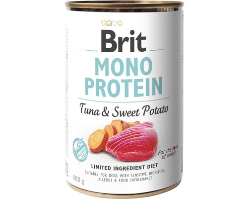 Hrană umedă pentru câini Brit Mono Protein cu ton și cartof dulce fără cereale 400 g