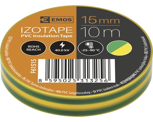 Bandă izolatoare PVC Emos 15mm x 10m 40KV UV, verde-galben