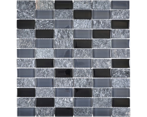 Mozaic sticlă-piatră naturală gri-negru 31x32,2 cm Placă de mozaic din sticlă și piatră naturală