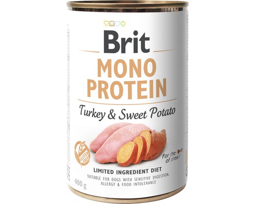 Hrană umedă pentru câini Brit Mono Protein cu cartof dulce și curcan fără cereale 400 g