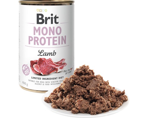 Brit Monoprotein Miel hrană pentru câini conservă cu porție pe o farfurie