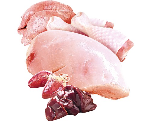 Carne de pasăre cu piept, pulpe, inimă, ficat și plămâni