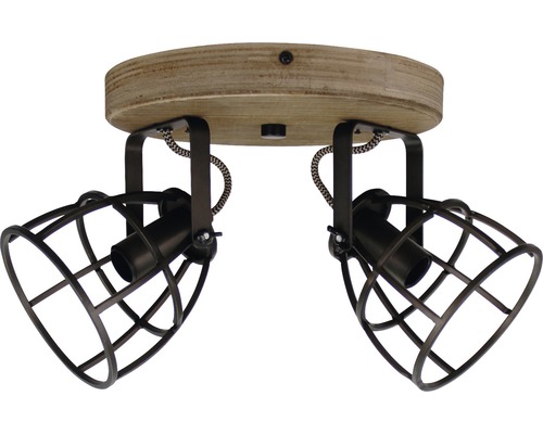 Lumină de plafon cu două spoturi, lemn și metal