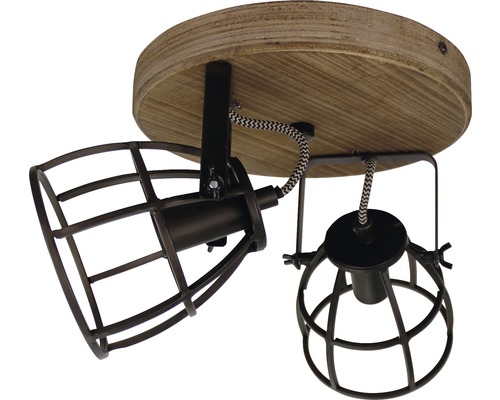 Lumină de plafon cu două abajururi în design de cușcă și bază din lemn
