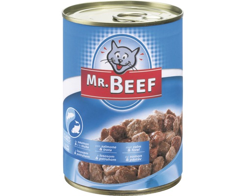 Hrană umedă pentru pisici MR. BEEF cu somon și păstrăv 400 g