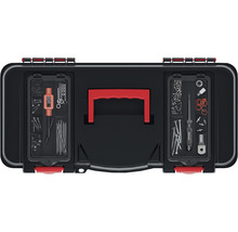 Cutie de scule neagră cu diverse piese mici