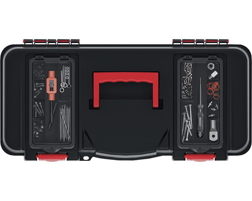 Cutie de scule neagră cu diverse piese mici