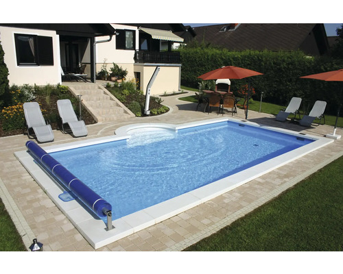 Piscină polistiren Plus + scară romană P25 600 x 300 cm, adâncime de 150 cm Piscină exterioară cu acoperire albastră, șezlonguri și umbrele de soare