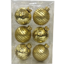 Șase globuri de Crăciun aurii cu modele de stele și dungi în ambalaj transparent.