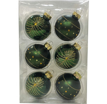 Șase globuri de Crăciun verde închis cu decorațiuni aurii în ambalaj transparent