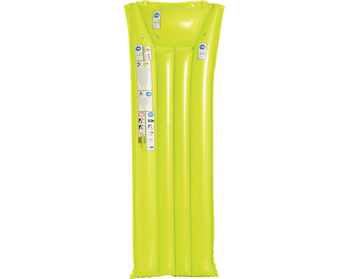 Saltea pneumatică galbenă cu avertismente imprimate