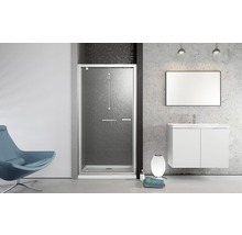 Baie modernă cu cabină de duș, lavoar și oglindă