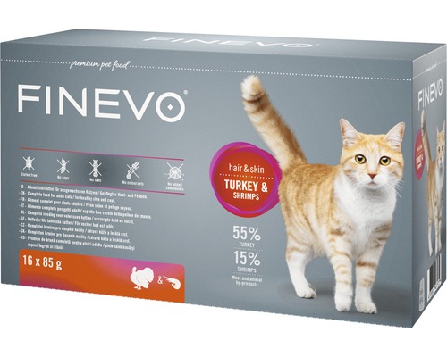 Hrană umedă pentru pisici FINEVO Hair&Skin cu curcan și creveți 16x85 g