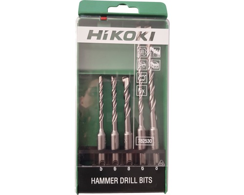 Set de burghie pentru ciocan HiKOKI cu diferite dimensiuni într-un ambalaj.