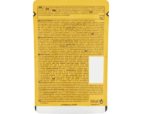 Informații despre hrana pentru câini Pedigree pe spatele ambalajului.