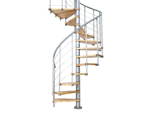 Scară spiralată cu trepte din lemn și balustradă metalică