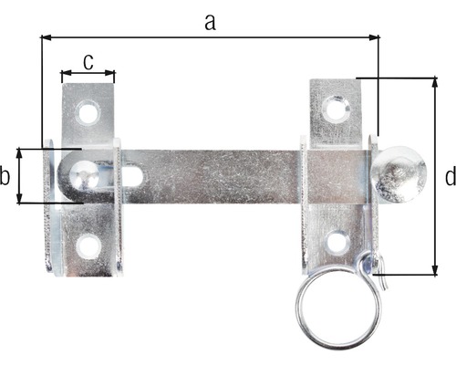 Zăvor metalic cu șurub cu dimensiunile a, b, c și d
