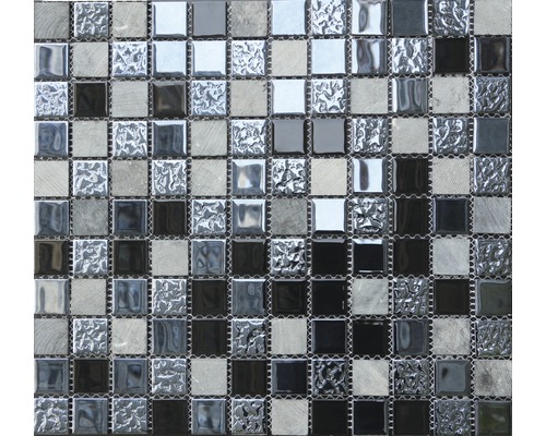 Mozaic sticlă și piatră naturală MIRAVA negru 30,5x32,5 cm Placă de mozaic cu model pătrat din piatră și sticlă