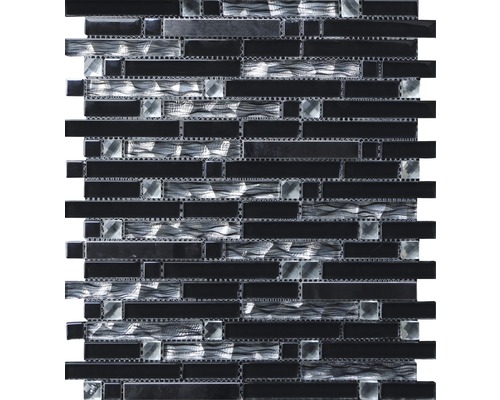 Mozaic sticlă-aluminiu MIRAVA negru lucios 30x34 cm Placă de mozaic din sticlă și piatră naturală