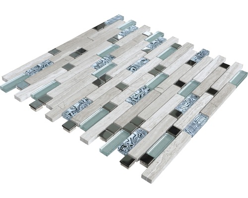 Placă de mozaic cu structură de lemn, accente de sticlă și oglindă