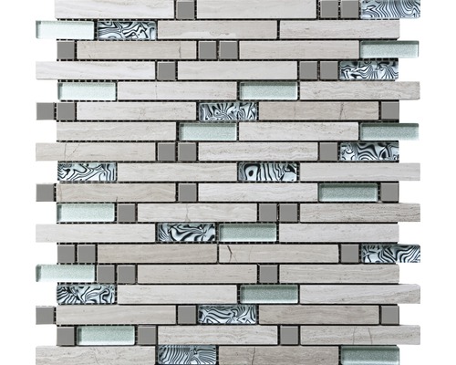 Mozaic sticlă, lemn și piatră MIRAVA bej-alb 29,8x30 cm Placă de mozaic din piatră naturală, sticlă și ceramică