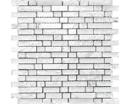 Mozaic sticlă și piatră naturală alb 29,8x30,5 cm Covor mozaic cu pietre dreptunghiulare din marmură și sticlă