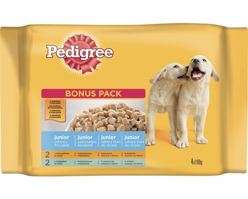 Hrană umedă pentru câini Pedigree Junior cu pui și vită 4x100 g Pedigree Junior hrană pentru câini în pachet de 4 x 100 grame