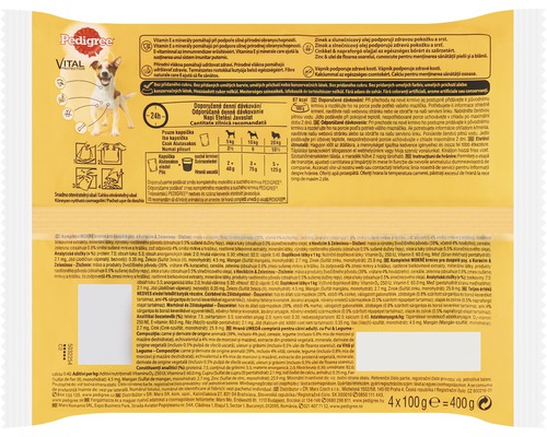 Porții de hrană pentru câini Pedigree Vital, partea din spate a ambalajului cu informații despre ingrediente și recomandări de hrănire