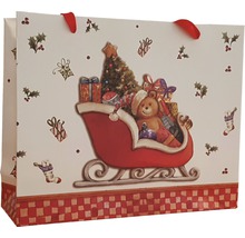 Sac de cadouri cu motiv de Crăciun, sanie, pom de Crăciun și ursuleț de pluș