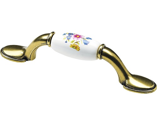 Mâner mobilă Hettich Country 76/126,5 mm, zamac alămit/ceramică albă cu flori Mâner de mobilă din metal și ceramică cu decor floral