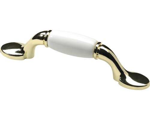 Mâner mobilă Hettich Country 76/126,5 mm, zamac alămit/ceramică albă simplă Mâner dulap din metal și ceramică