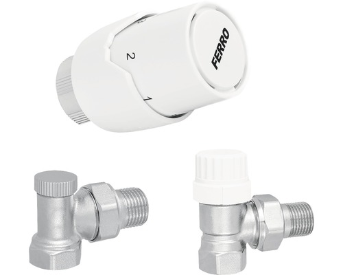 Set robineți radiator colțar (tur-retur) Ferro cu cap termostatic 1/2”-0