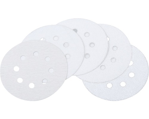 Mai multe discuri abrazive cu găuri pentru lucrări de șlefuire.