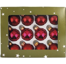 Set de douăsprezece globuri roșii de Crăciun într-un ambalaj