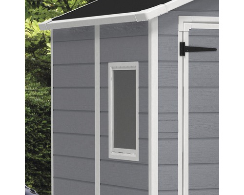 Prim-plan cu o magazie de grădină cu fereastră și balamale de ușă