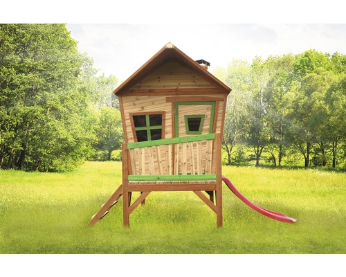 Căsuță de joacă din lemn cu tobogan pentru grădină