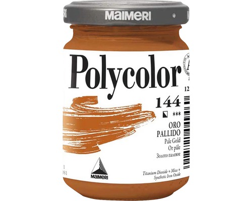 Culoare vinilică Polycolor 144 Pale Gold 140 ml Vopsea artistică Polycolor, nuanța 144 Oro Pallido într-un recipient de sticlă
