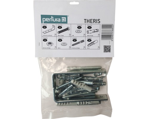 Assortiment Perlura Theris în ambalaj transparent cu colțare, șuruburi, piulițe și dibluri