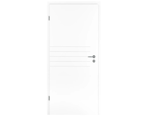 Ușă interioară albă cu linii decorative orizontale, mâner și încuietoare