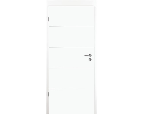 Ușă de interior albă cu frezări orizontale și feronerie din oțel inoxidabil