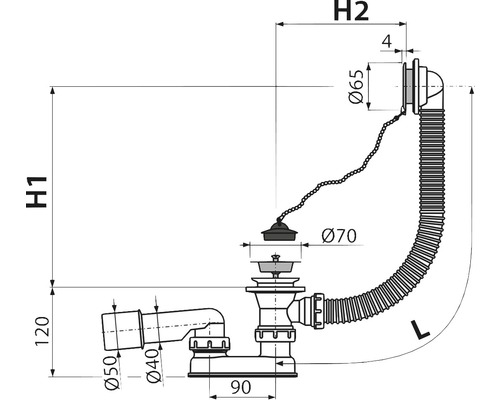Desen tehnic al unui sistem de scurgere pentru chiuvetă cu dimensiuni