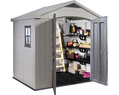 Depozit pentru unelte din plastic cu uși deschise și interior